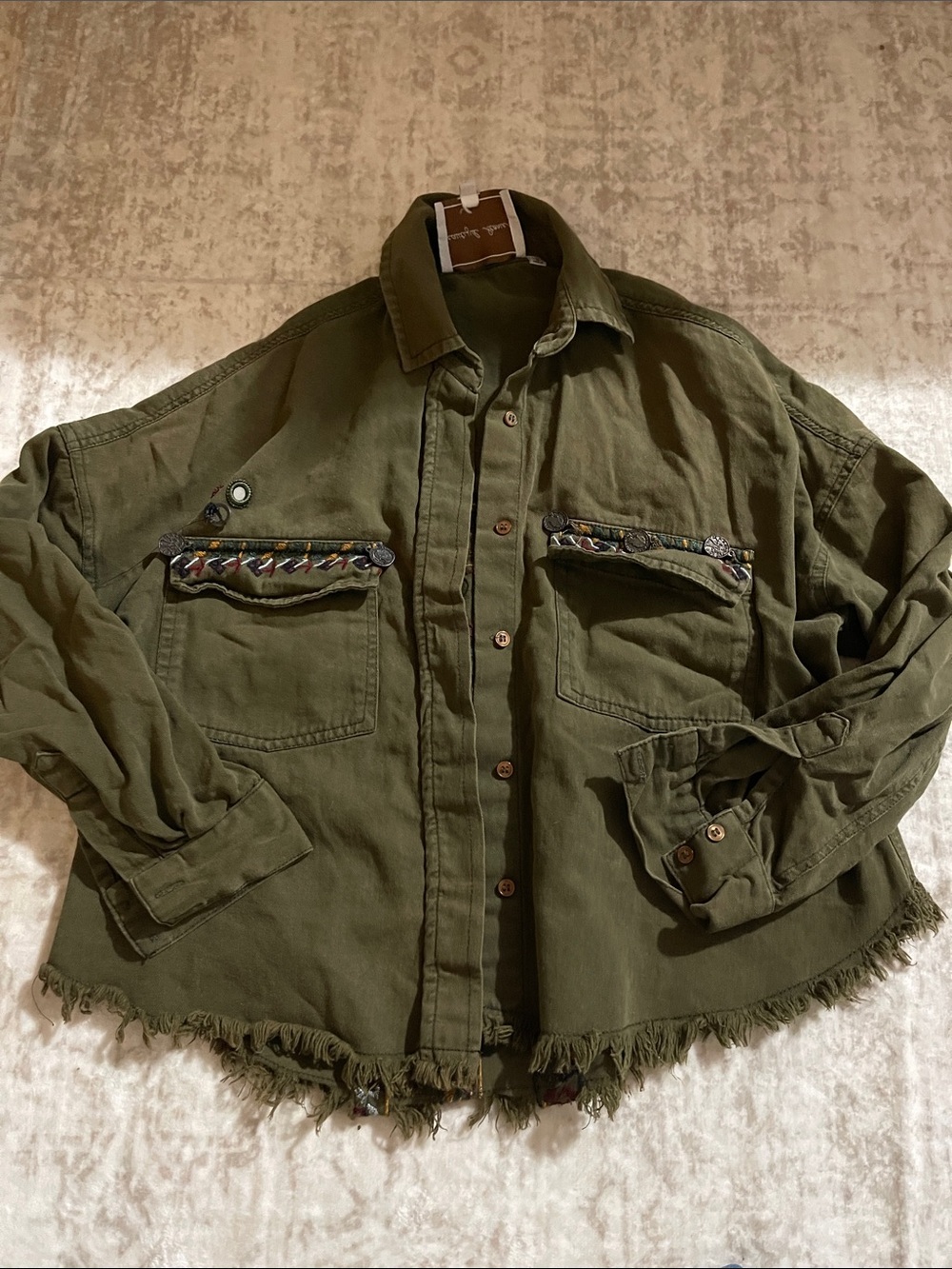 Women’s Olive Green Utility Jacket with Fringed Hem